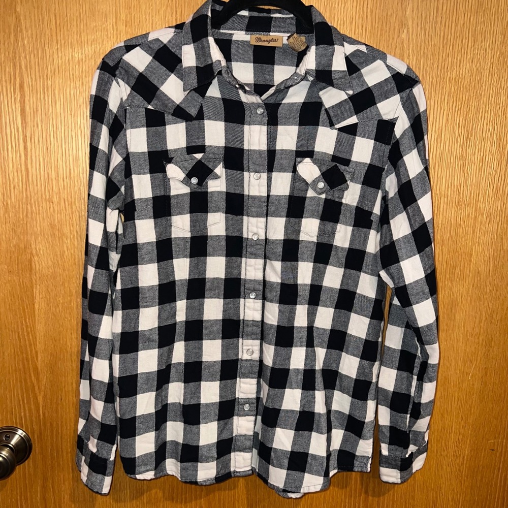 Wrangler Western Shirt Women Medium‎ Black White Plaid Excellent Pearl Snap